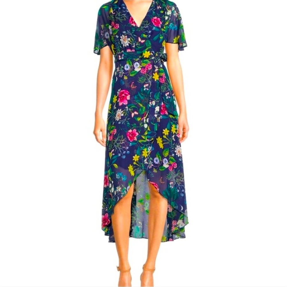 Eliza J Navy Floral Butterfly High Low Maxi Dress Short Flutter Sleeve Sz 12